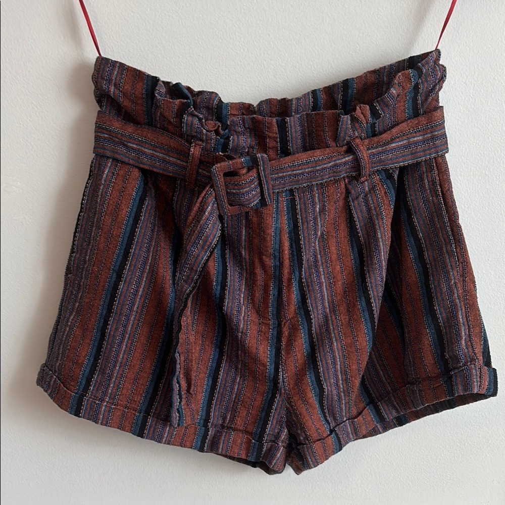 Striped Burnt Orange and Blue High-Rise Shorts
